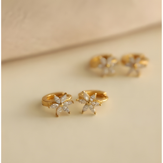 Blooming Zircon Flower Sterling Silver Gold Hoops Earring