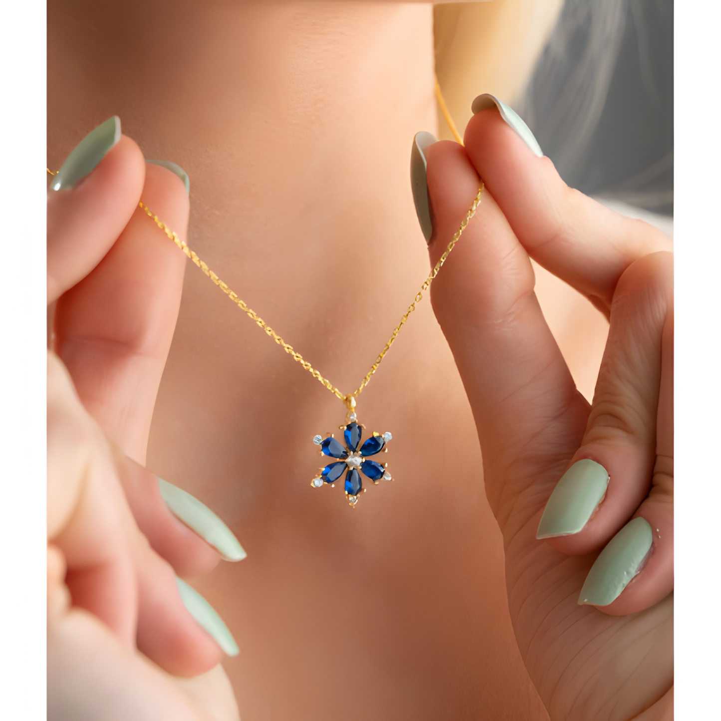 Oceanic Blue Tranquility Flower Golden Necklace