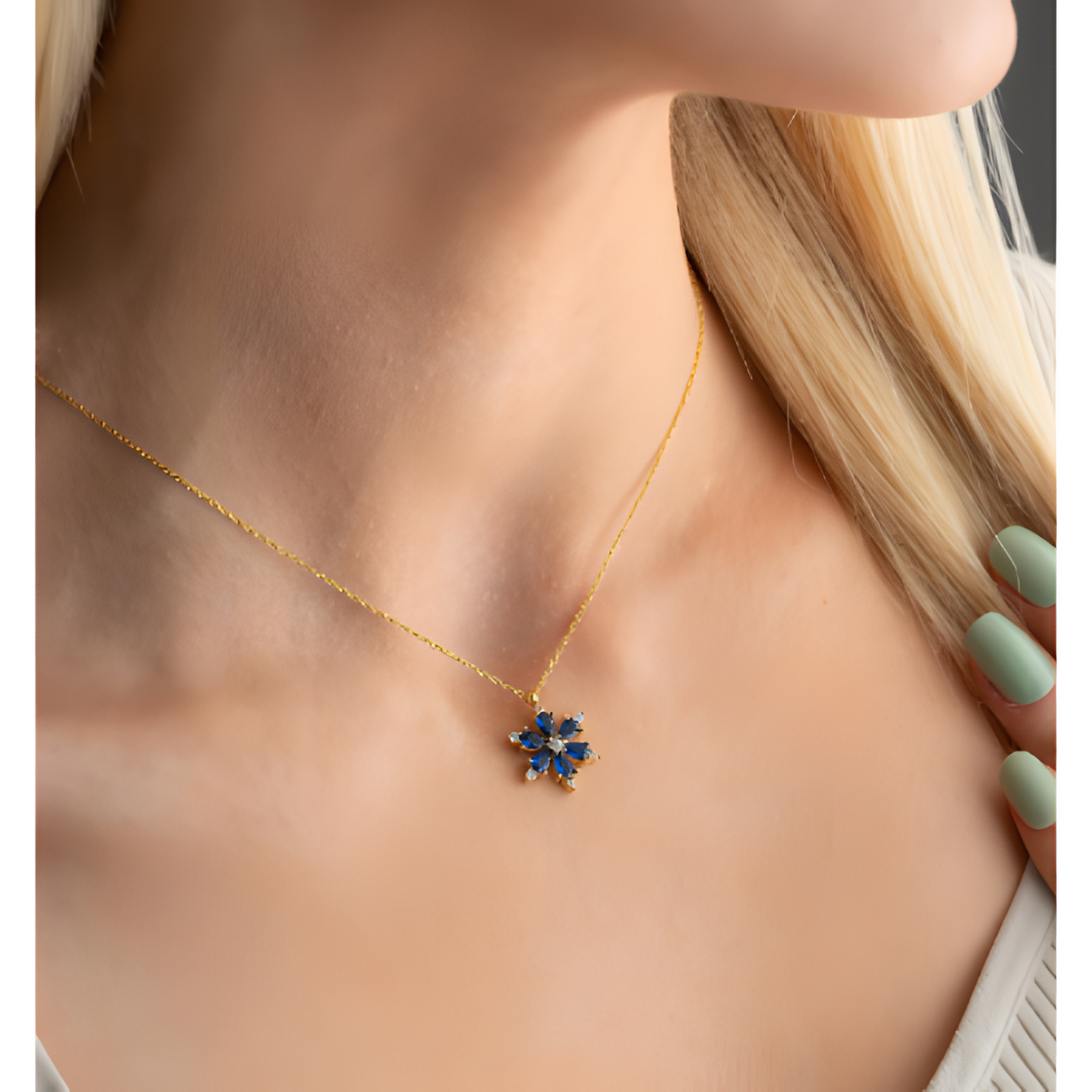 Oceanic Blue Tranquility Flower Golden Necklace