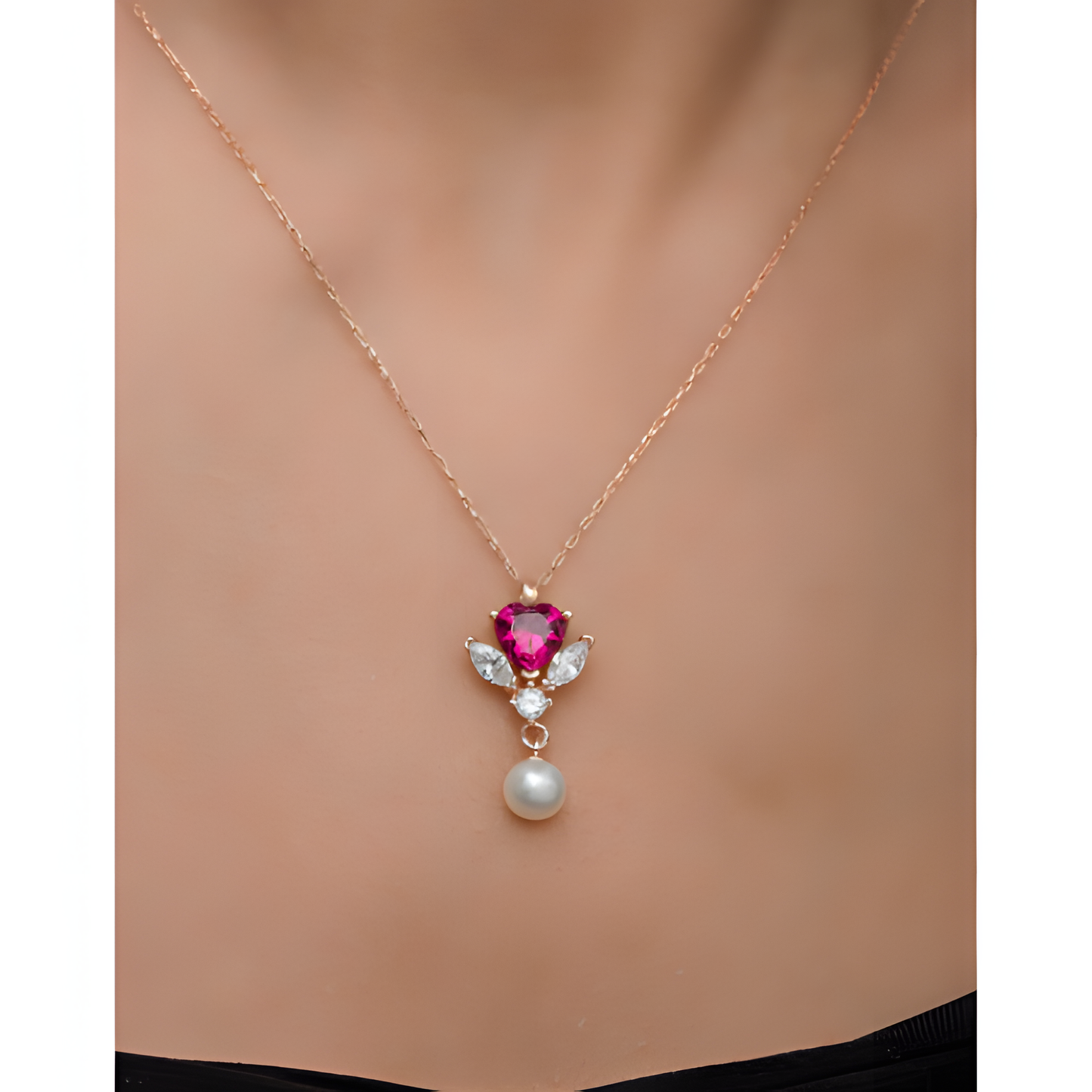Elegance Pink Heart Pearl Golden Necklace