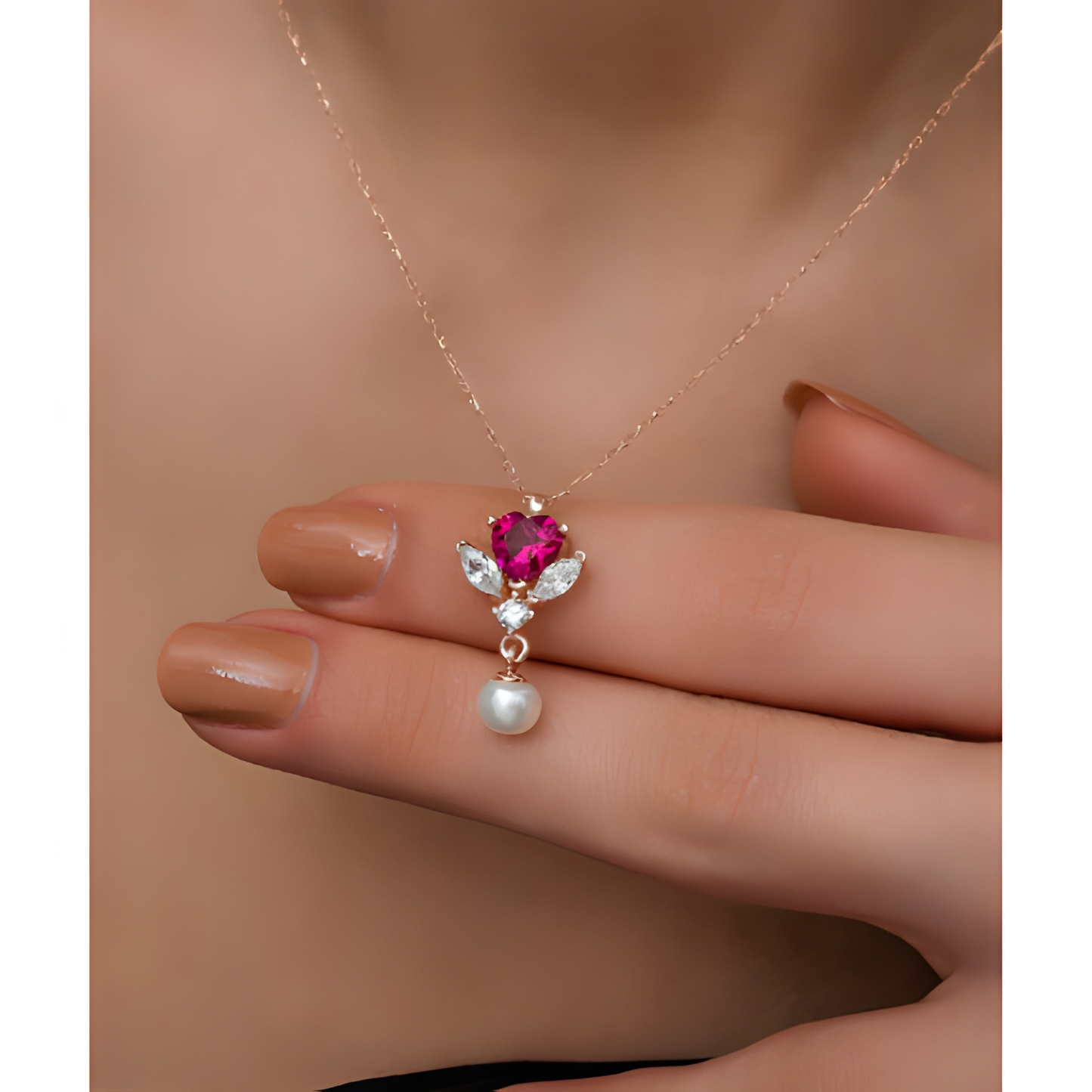 Elegance Pink Heart Pearl Golden Necklace