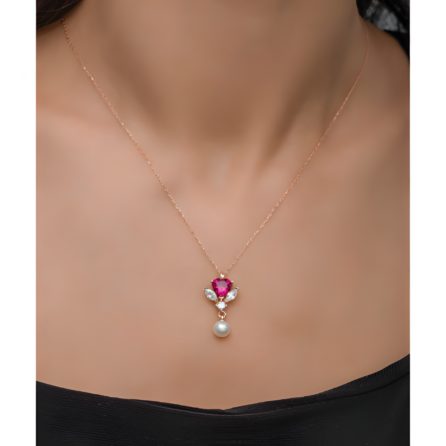 Elegance Pink Heart Pearl Golden Necklace